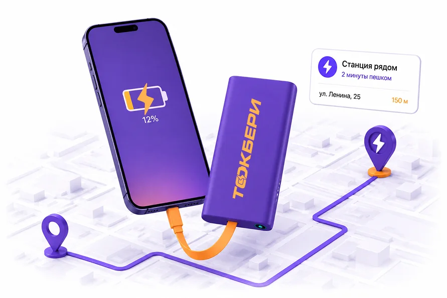 Смартфон и пауэрбанк ТокБери рядом с маршрутом до станции